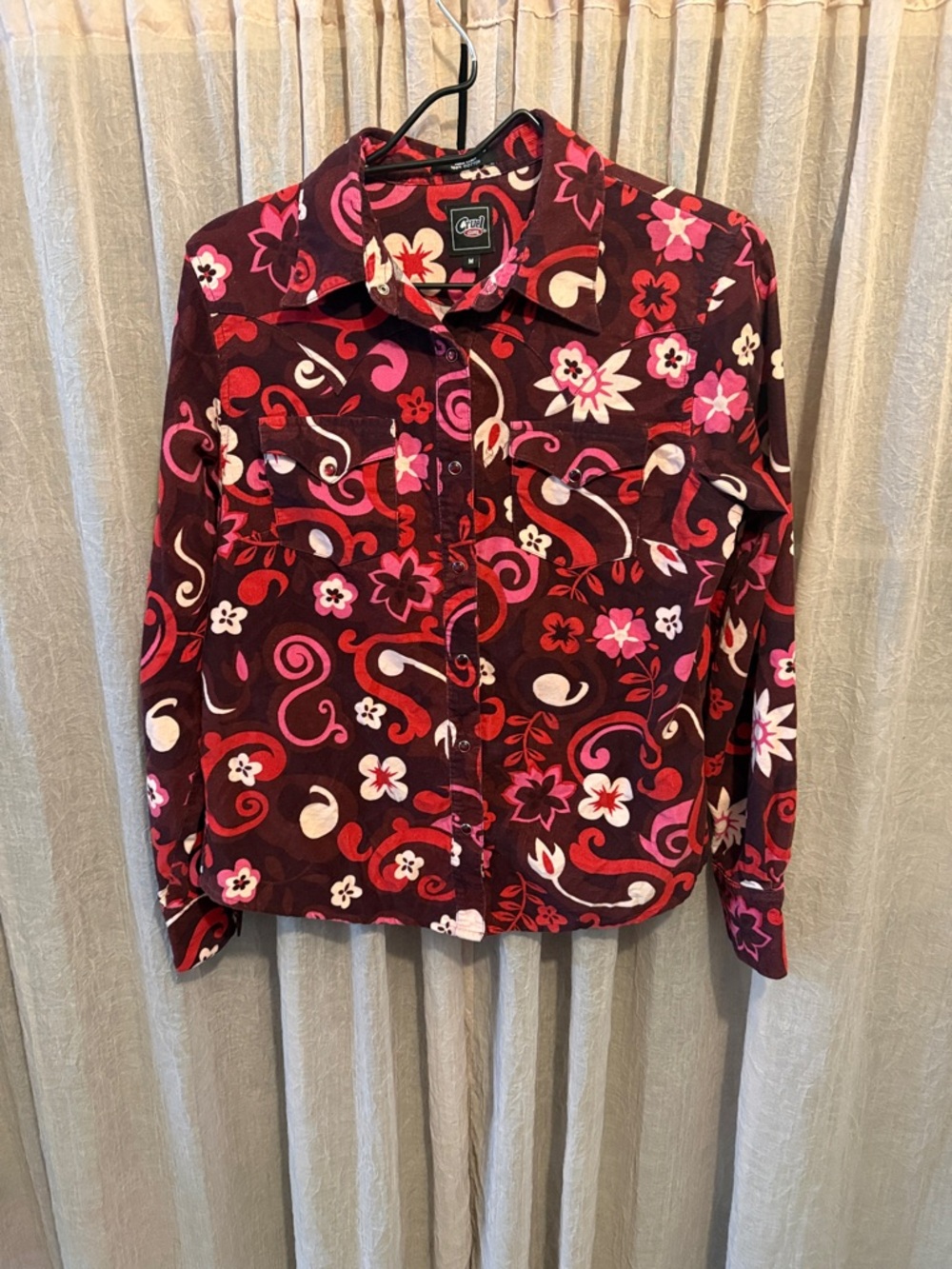 Cruel Girl Burgundy Button-Down Shirt with Pink & Red Floral Print